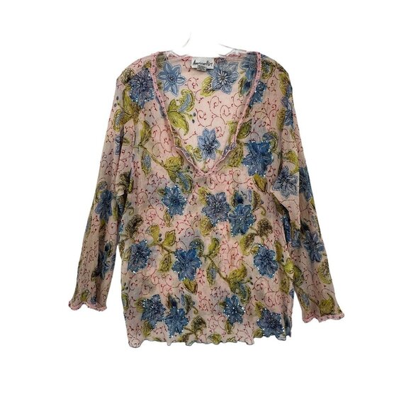American Flirt Size 2x Top Beach Cover Up Sequins Floral Sheer Pink Blue Women's - Picture 1 of 8